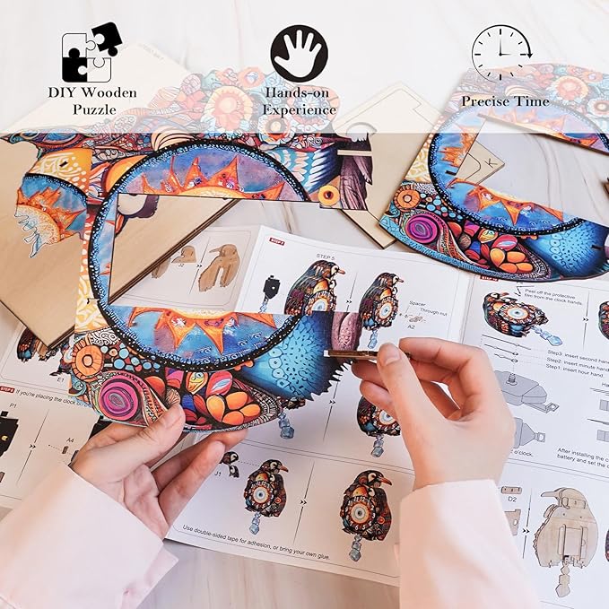 3D Puzzles for Adults Clock-Penguin Family Design Model Kit-Mechanical DIY Pendulum Clock with Arabic Numerals-Desk Home Office Decor Personalized Gift for DIY Lovers