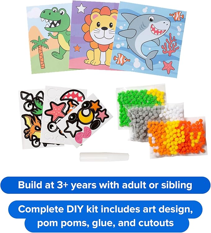 Little Jupiter DIY Pom Pom Art - Makes 3 Art Pieces -Boy & Girl Crafts for Kids Age 3-5 - Toddler Crafts - Pom Pom Arts and Crafts - Art Projects for Kids - (Set 1 -Lion, Shark, Dinosaur)