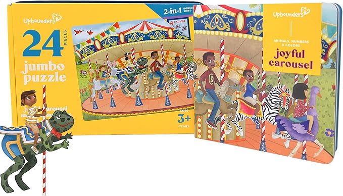 Upbounders® Double Sided Carousel Animal Jigsaw Puzzle & Picture Book Set for Kids | 24 Pcs Animals, Numbers & Colors Educational Toddler Toy | Preschool Jumbo Puzzle with Board Book for Boys & Girls