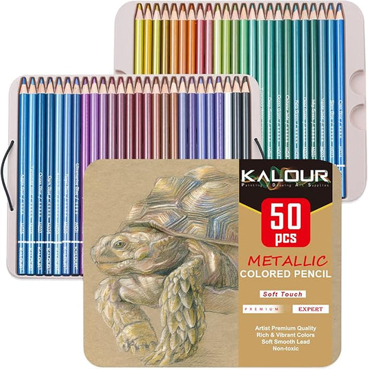 KALOUR 50 Piece Metallic Colored Pencils, Soft Core with Vibrant Color,Ideal for Drawing, Blending, Sketching, Shading, Coloring for Adults Kids Beginners