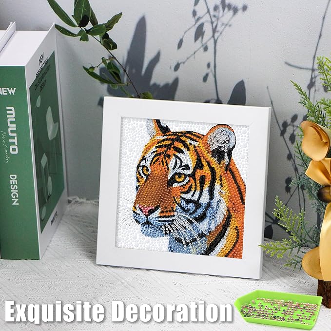 geesfayan Diamond Art Kits for Kids Ages 8-12,6 Inch DIY Gem Art Painting with 7 Inch Frame, Complete Starter Kit for Beginners, Creative Arts & Crafts Gift for Girls & Boys (Tiger)