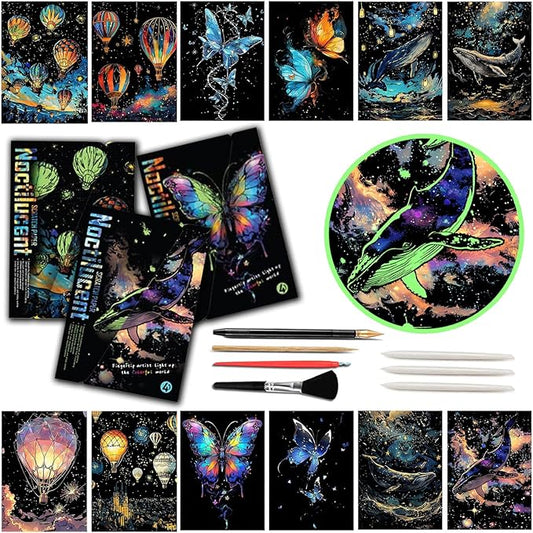 Glow in The Dark Scratch Art Paper，Engraved Landscape Scratch Painting Rainbow Board (12 Sheets A4) Adults, Fun Sketch Card Creative Craft Toy (Animals/Landscapes) by Iskueal.