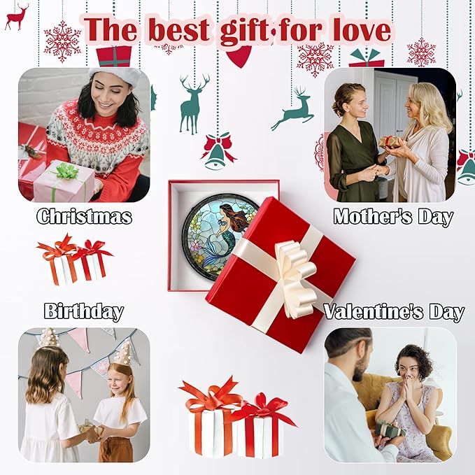 Stained Glass Window Hanging - Light Blue Mermaid Suncatcher for Door Terrace Garden Home Decor, Ocean Flowers Sun Catcher Birthday Gifts for Lovers Women Men Dad Mom Nana 7.8 in