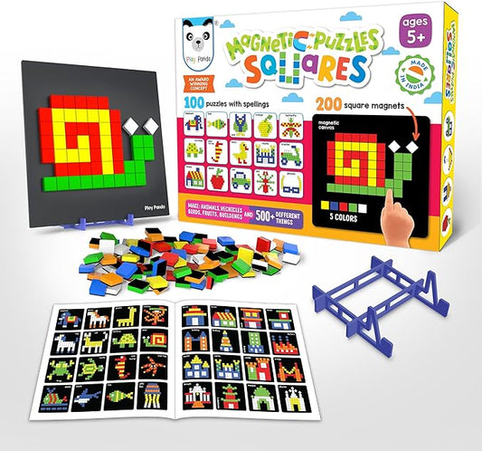 New Magnetic Puzzles : Squares - Includes 250 Colorful Magnets Pieces 100 Puzzle Book Magnetic Board and Display Stand