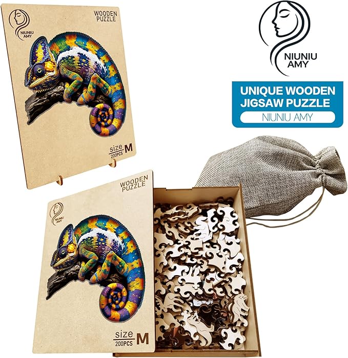 Wooden Puzzles,Chameleon Jigsaw Puzzles,200 Pieces Colorful Animal Puzzle,Birthday Gift Family Game 11 x 11 Inch,Unique Shaped Wooden Puzzle for Adults