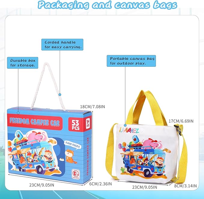 Puzzles for Kids Ages 4-8,53 Piece Unique Large Irregular Animal Shaped Art Puzzle,Floor Puzzles for Kids Ages 3 4 5 6 7 8,Educational Toy Gift Jigsaw Puzzles for Boys Girls (Freedom Camper Car)