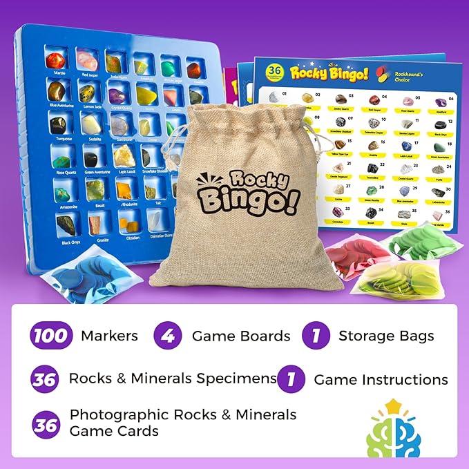 36pcs Rock Collections for Kids, Real Rocks and Minerals Set, Rocks Bingo Board Games, Gemstones for Kid 6+, Stones Science Kit for Kids, A Geology Educational Stem Gift for Boys and Girls