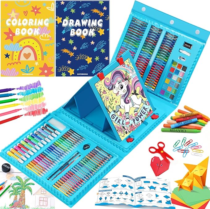 All in One Art Supplies, Art Kit Includes Easel, Origami Paper, Colored Pencils, Crayons, Drawing Book, Coloring Book, Watercolor Pens, Markers and Oil Pastels, Gifts for Girls Boys Teens, Blue
