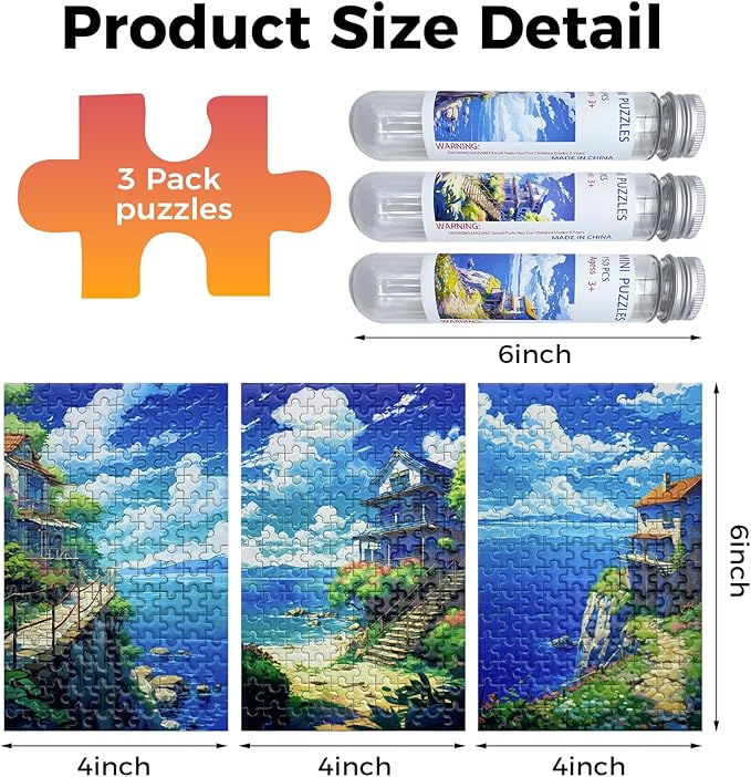 150 Pieces Mini Jigsaw Puzzles for Adults & Kids,6 x 4 Inches, Mini Puzzles, Travel Puzzle,Small Micro Puzzles, Challenging Difficult Puzzle,3 Pack Seaside Hut