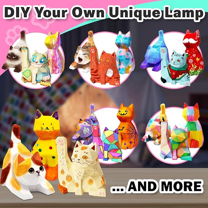 FUNZBO 3pcs Paint Your Own Cat Lamp Kit - Arts and Crafts Supplies Kitten Painting Kits for Kids Teens Adults, DIY Night Light Toy for Toddlers Girl Boy Ages 3 4 5 6 7 8 9 10 11 12 13 + Birthday Gifts