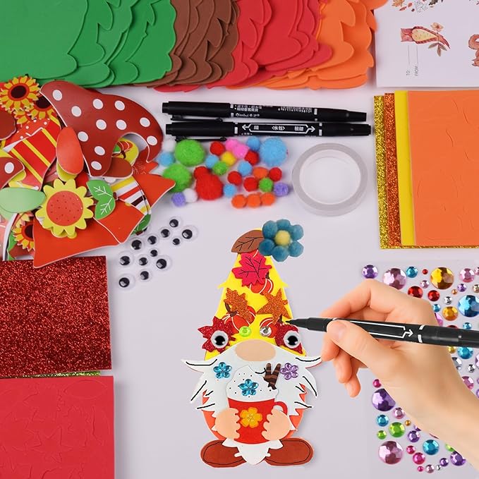 24 Sets Halloween Fall Gnome Crafts Kits for Kids,DIY Fall Gnomes Ornaments Decorations Art with Leaf Pumpkin Sunflower Foam Stickers Arts for Kids Autumn Thanksgiving Activity Art Project