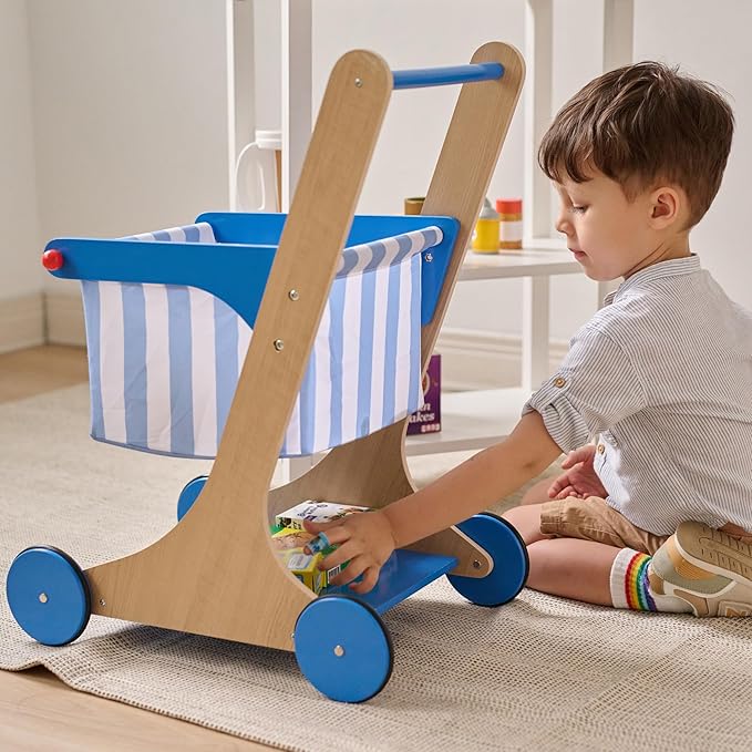 Teamson Kids Wooden Shopping Cart for Toddlers with 13 Pretend Grocery Accessories Push Walker Play Food Toy with Rolling Wheels Blue and White Striped Basket for Boys Girls Ages 3+ Safety Certified