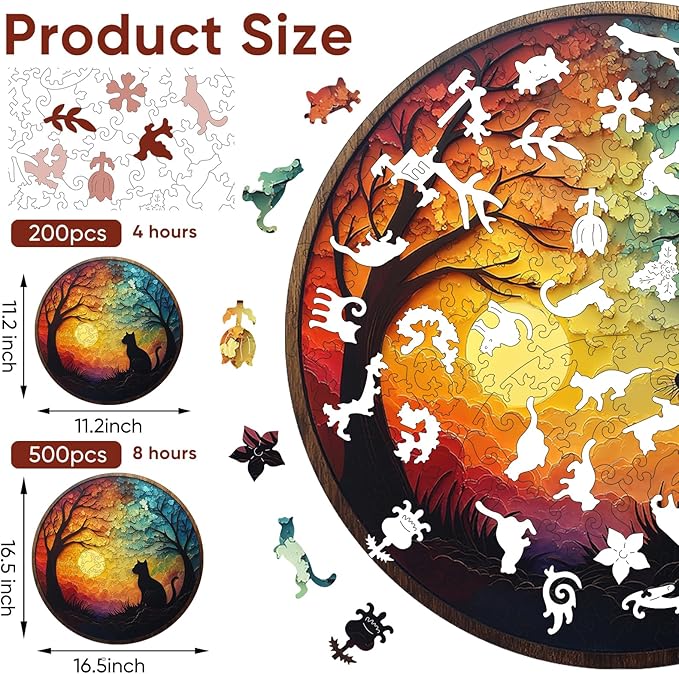 Ruikiyart Wooden Puzzles for Adults, 5MM 500Piecs Forest Cat Silhouette Wooden Jigsaw Puzzle, Unique Shape Tree Puzzle for Kids and Adults on Birthday, Thanksgiving, Christmas (16.5”x16.5”)
