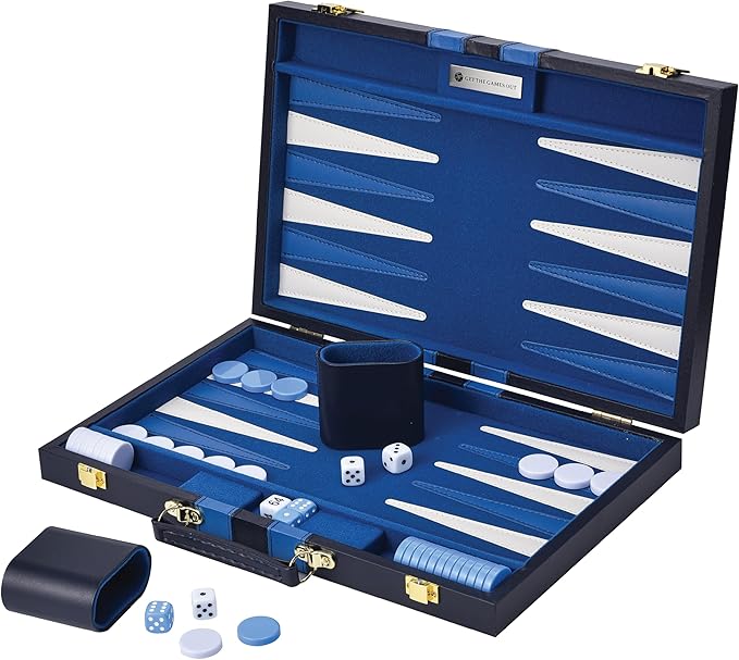 Get The Games Out Top Backgammon Set - Classic Board Game Case 15" Medium Size - Best Strategy & Tip Guide - Available in Small, Medium and Large Sizes (Blue, Medium)