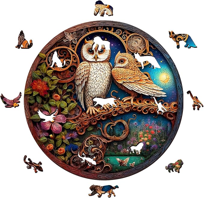 Wooden Puzzles for Adults, Unique Puzzles for Adults, Irregular Animal Shaped Wooden Jigsaw Puzzles, Creative Birthday Gift,11.8 x 9.1 inch, Owl Family