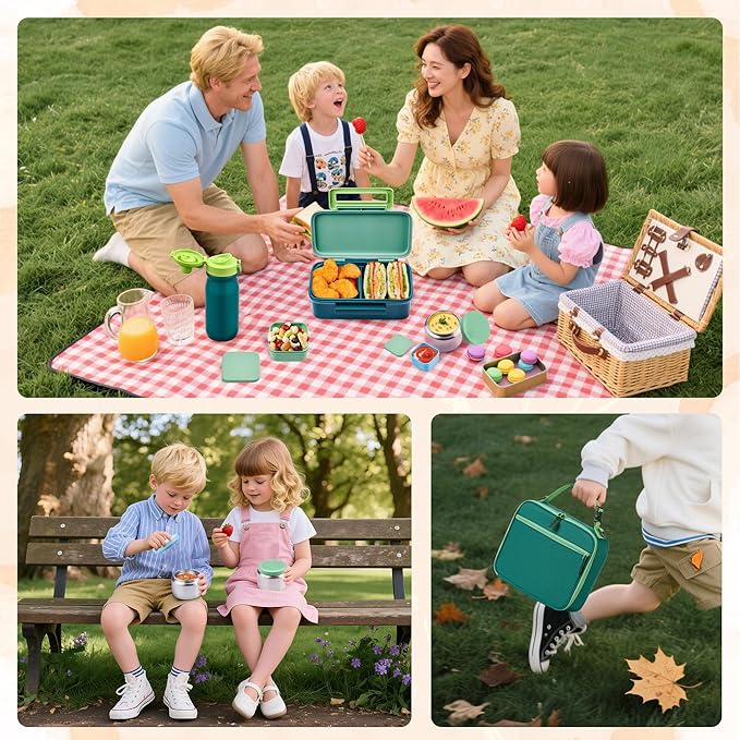 Bento Lunch Box for Kids With 8oz Thermo, Leakproof Bento Box with with 2 Compartments, Insulated Bottle, Lunch Bag, BPA Free Dishwasher Safe for School Girls Boys (Green)