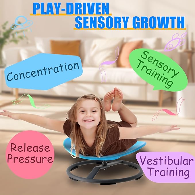Spinning Chair for Autistic Kids, Sensory Swivel Spin Chair for Children with Autism, ADHD Sensory Sit and Spin Toys for Toddlers with Safe Spinny Motion (Blue)