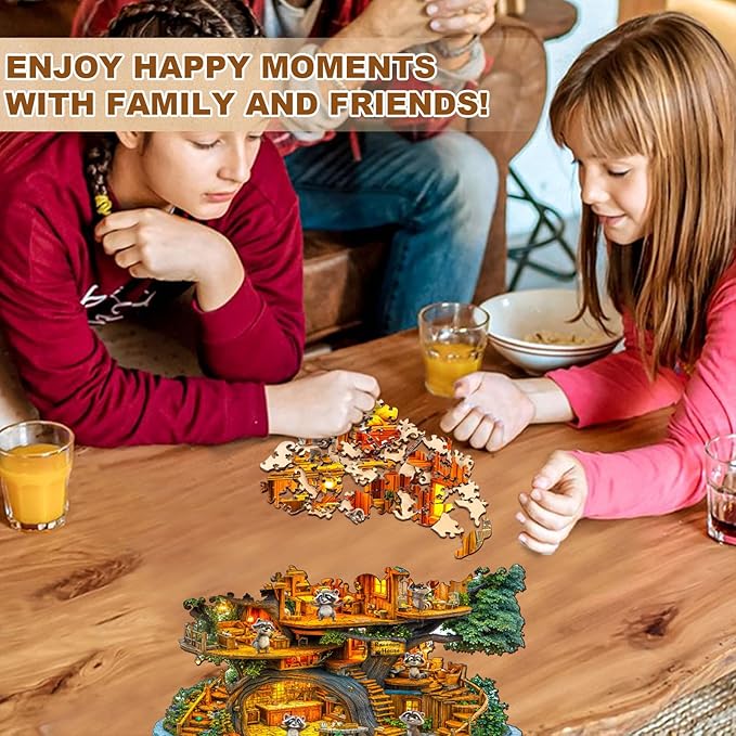 Wooden Puzzles for Adults - 200 Pieces Raccoon House Wood Puzzle - Unique Shapes Wooden Jigsaw Puzzles for Adults - Eco-Friendly Home Office Decor (11.4 * 11.2in)