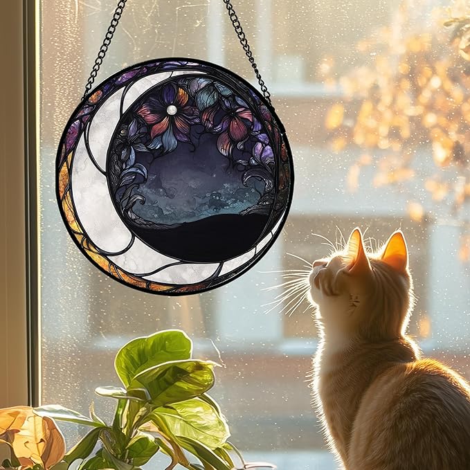 Stained Glass Window Hanging - Black and White Moon Sun Catcher for Door Terrace Garden Home Decor, Abstract Plant Flower Suncatcher Birthday Gifts for Lovers Women Men Dad Mom Nana 9.8 in