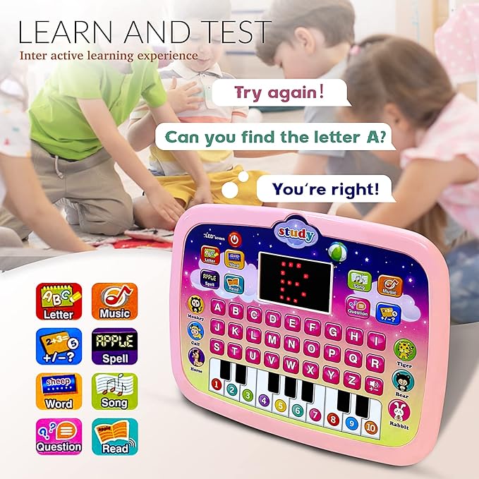 Kid Tablet Toddler Learning Pad Interactive Toy with Screen -Educational Toys Fun Gifts -Music/Piano/ABC/Numbers/Words/Spell/Animals - for Boys&Girls 3+ (Pink)……
