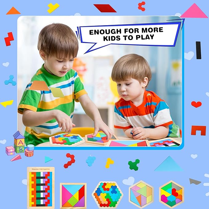 5 Pack Wooden Tangrams Puzzle Set Wooden Hexagon Puzzle Wood Russian Blocks Tangram Puzzle Brain Teaser Puzzles for Kids Adults 3D Logic Intelligence IQ Game Gift