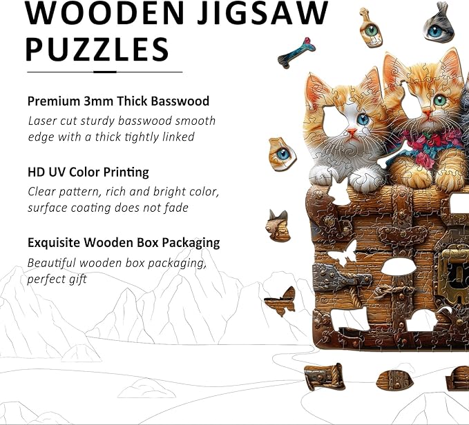 Wooden Puzzles for Adults - Cute Kitten Trunk Wood Puzzles Adult - Unique Animal Shape Wooden Jigsaw Puzzles for Adults - Birthday Gifts for Puzzle Lovers, Family (10.5 * 11in)