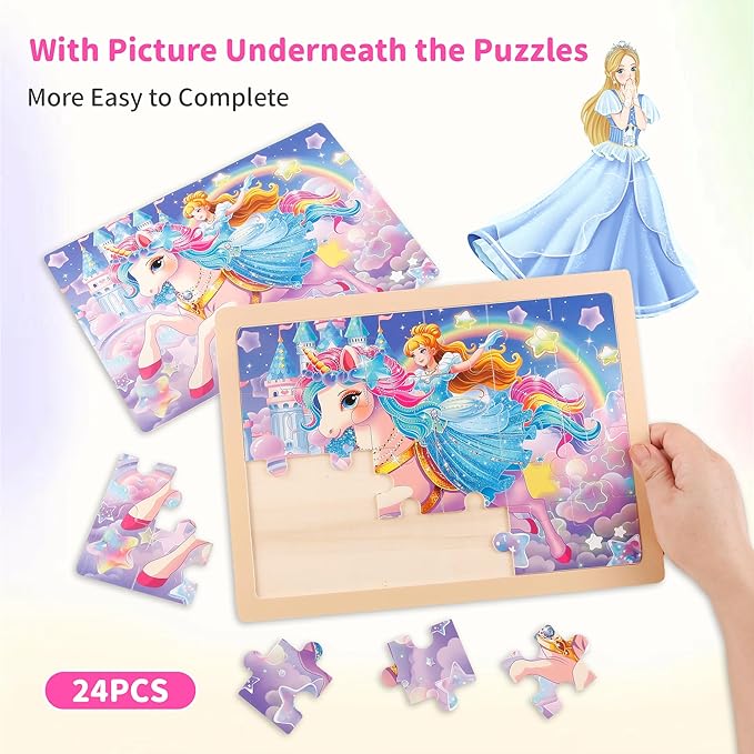24PCS Wooden Puzzles for Kids Ages 4-6, 4 in 1 Box, Preschool Educational Toys Birthday Gifts Puzzles for 3 4 5 6 7 8 Year Old Boy Girls, Princess