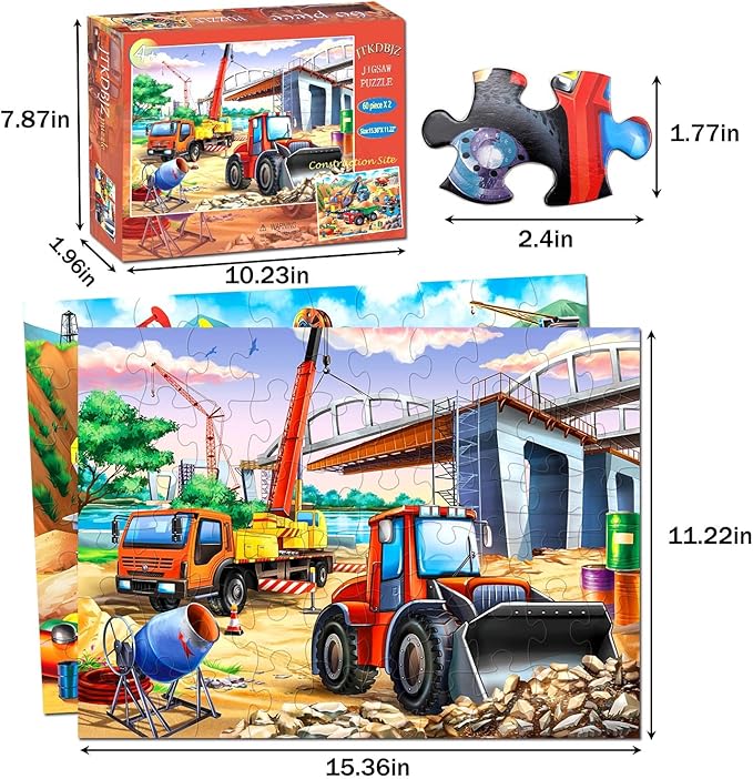 Puzzles for Kids Ages 4-6 – 2x60 Pieces Jigsaw Puzzles for Toddlers 3-5,6-8,Fun Bulldozer & Truck Toys,2 in 1 Pack Educational Construction Site Games for Boy & Girl