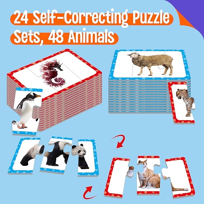 48 Animal Matching Puzzles with Error-Correction, 3-Piece Self-Correcting Puzzle Matching Game Educational Learning Activities for Toddlers, Animal-Themed Learning Games Toys for 3 Years Old