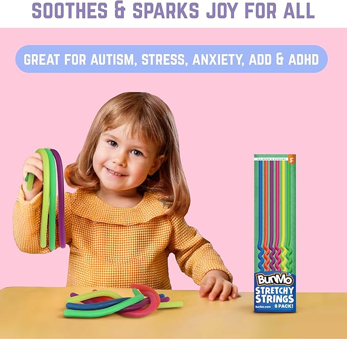 BUNMO Sensory Toys Stretchy Strings for Toddlers 3+ - Stimulating & Addictive Fidget Toys for Kids - Hours of Fun for Kids - Non-Mouthable Toy 3+ - Smooth 6 Pack