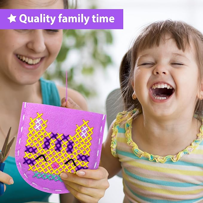 KRAFUN Beginner My First Cross Stitch Kit for Kids Arts & Crafts, 6 Easy Projects of Felt Keyring, Bag, Pillow Craft, Instructions, Gift for Girls and Boys, Learn DIY Crafting, Embroidery