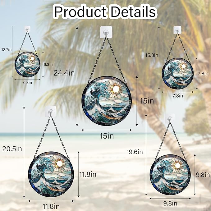 Stained Glass Window Hanging - White Sun Big Wave Suncatcher for Door Terrace Garden Home Decor Blue Ocean Landscape Sun Catcher Birthday Gifts for Lovers Women Men Dad Mom Nana 15 in
