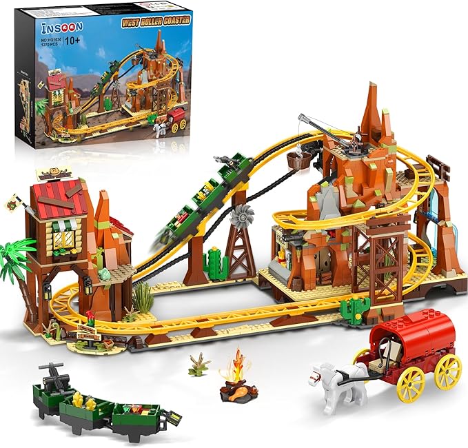 Western Roller Coaster Building Set, Rollercoaster Building Toy with Mine Train, Lifting Chain Drive, Carriage, 1270PCS Mining Coaster Model Playset Gift for Adults Teens Kids Boys Girls 10-12+