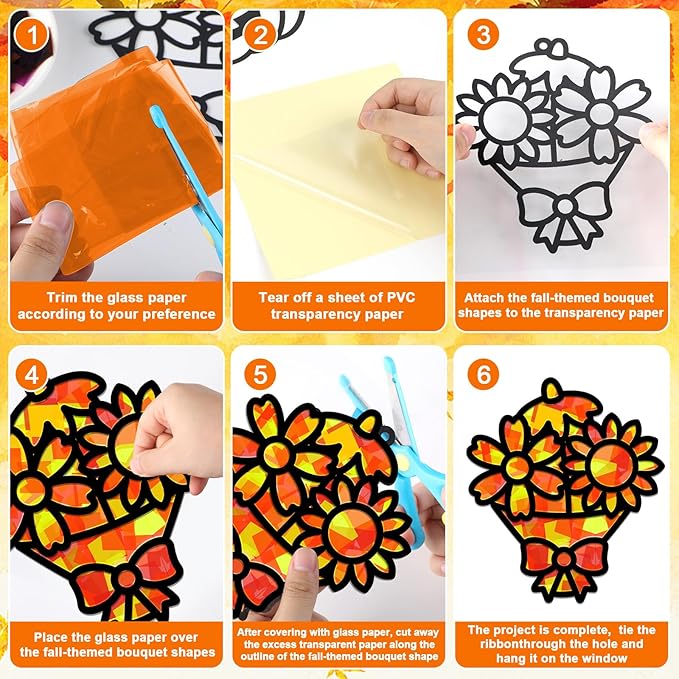 32 Sets Fall Bouquet Suncatchers Craft Kit DIY Window Stained Glass Effect Autumn Bouquet Paper Crafts Home School Classroom Decoration Kid Birthday Gift Creative Art Project Activity Game