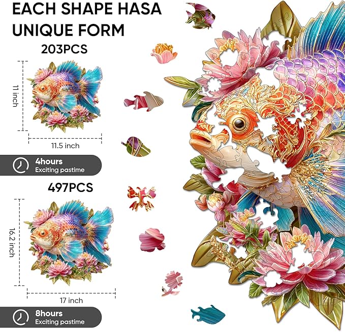 Wooden Puzzles for Adults, Lucky Carp Wooden Jigsaw Puzzles 203pcs, 11.1x11.5 inch Art Adult Puzzles, Irregular Wood Puzzles Creative Gift for Adults