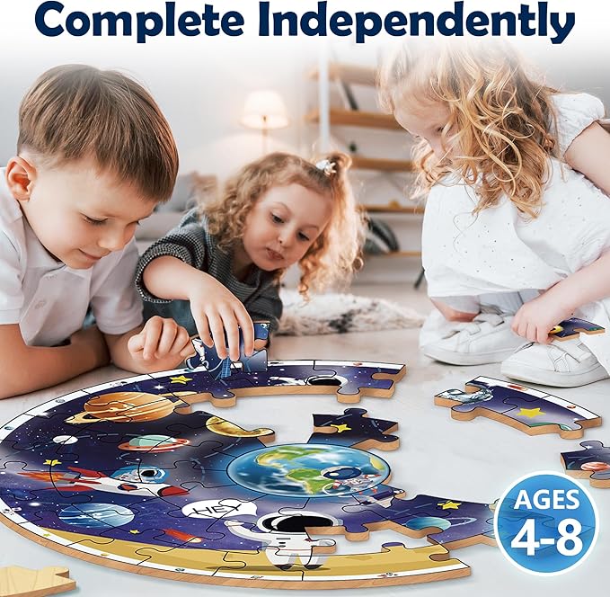 iPlay, iLearn Floor Puzzles for Kids Ages 3-6, Jigsaw Puzzle for kids Ages 4-8, Toddler Large Wooden Learning Toy, Educational Round Planets, Solar System Birthday Gift for 5-7 Year Old Boy Girl Child
