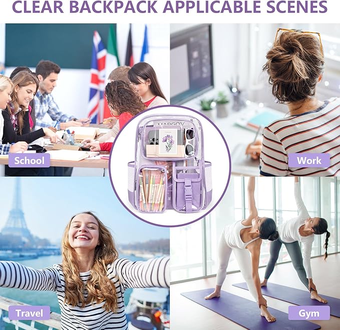 Purple Clear Backpack, Heavy Duty PVC Clear Bag for Stadium Events, Transparent Backpack with Reinforced Straps & Stitches for Girls Boys, Large Capacity Bookbag for School, Travel, College, Work