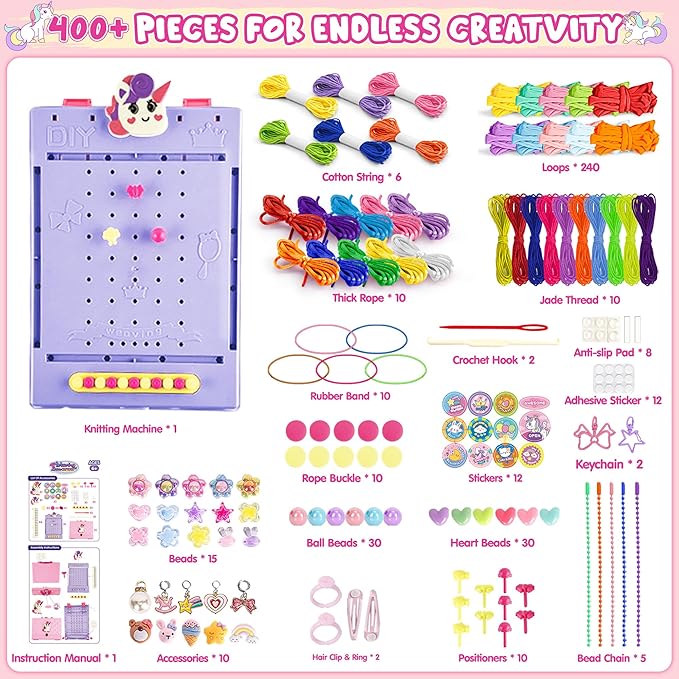 ELFJOY 2-in-1 Weaving Loom for Kids,Friendship Bracelet Kit,400+Pcs DIY Arts and Crafts for Girls, Weaving Looms for Bracelet & Potholder & Bag,Gift Ideas for 6-12 Years Old Kids