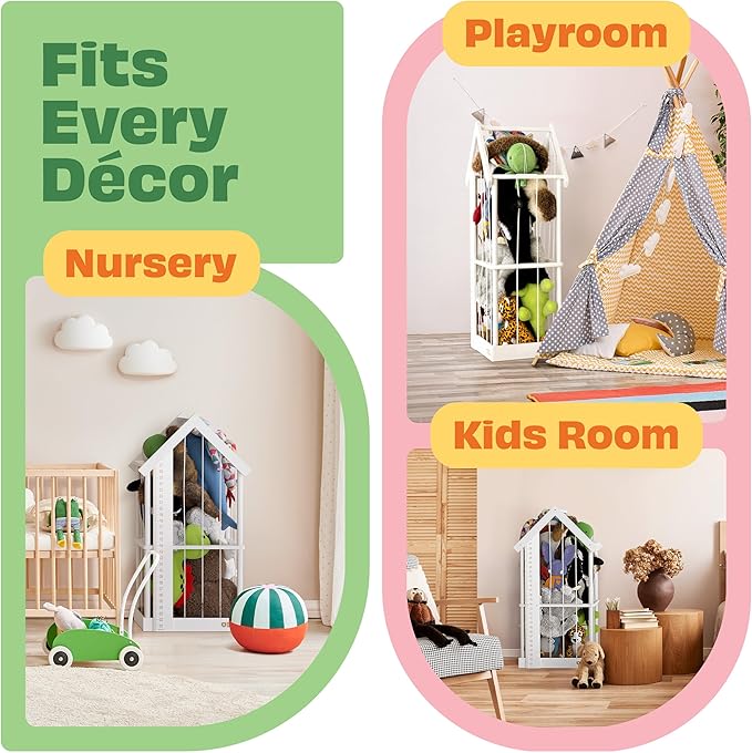 Stuffed Animal Zoo Storage Cage | Wooden Plush Tower Storage | Durable Plush Toy Stuffie Holder | Vertical Jail Organizer With Height Ruler, Stickers & Rgb Light (White)