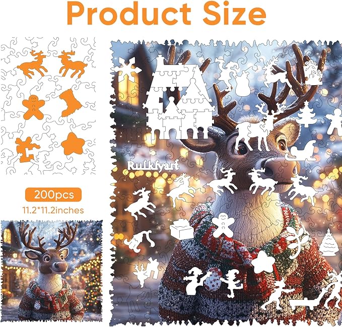 Ruikiyart Wooden Puzzles for Adults, Christmas Sweater Deer 200 Pieces Wooden Jigsaw Puzzles, Unique Shapes Pieces Christmas Deer Puzzle Great Gift for Kids and Adults (11.2"x11.2")