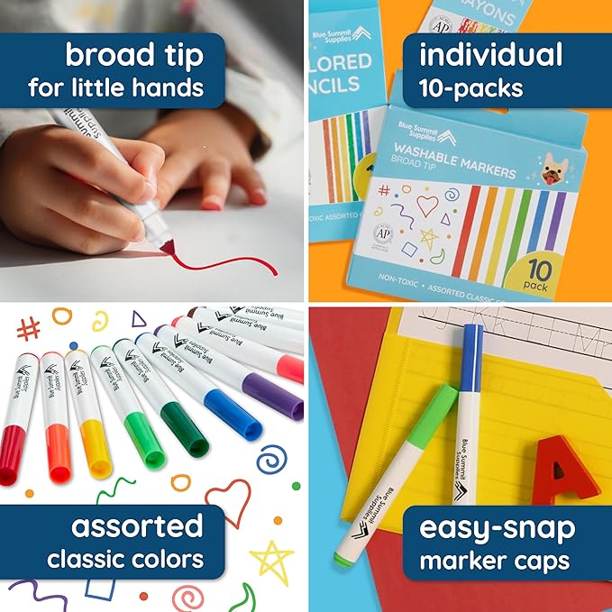 Blue Summit Supplies 300 Pack Kids Washable Markers Bulk, Non Toxic Bulk Washable Markers Classroom Set, Assorted Colors, 10 per Pack, Broad Tip