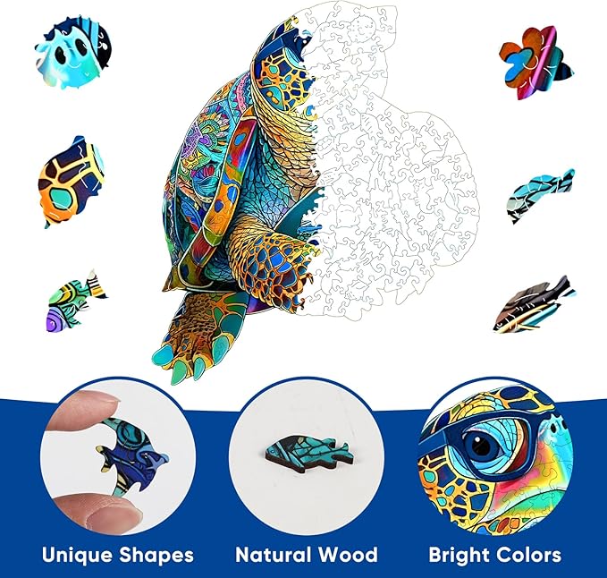 Wooden Puzzles for Adults, Sea Turtle Jigsaw Puzzles 200 Pieces, Unique Shaped Ocean Wooden Puzzle for Adults and Kids, Fun Challenge Family Game 10.8 x 12.6 Inch