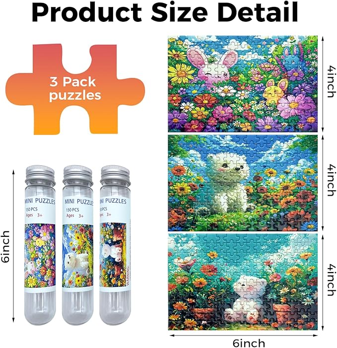 150 Pieces Mini Jigsaw Puzzles for Adults & Kids,6 x 4 Inches,Mini Travel Puzzle,Small Puzzles,Micro Puzzles,Challenging Difficult Puzzle,3 Pack Cartoon Garden