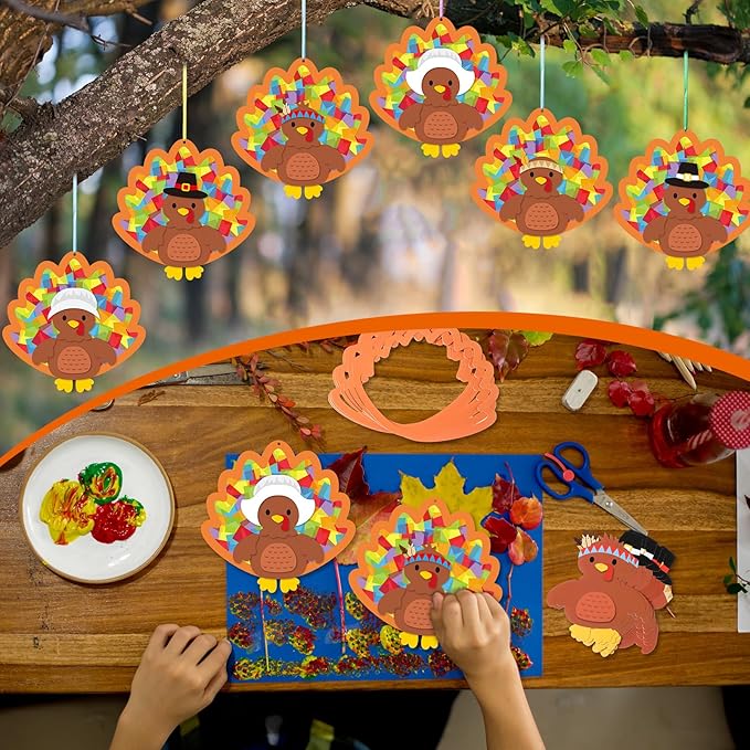 24 Sets Thanksgiving Turkey Crafts Kit DIY Tissue Paper Sign Crafts for Back to School Fall Harvest Thanksgiving Religious Christian Party Fun Home Actives