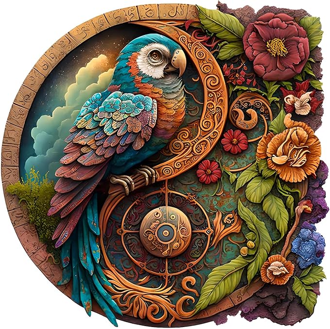 CRAFTHUB Animal Wooden Puzzles for Adults – A4 Parrot Yin Yang with 115 Pieces – Jigsaw Puzzles with Unique Animal Shapes – 7.7" x 7.7"