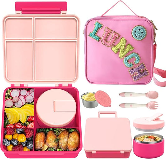 Kids Bento Lunch Box with 8oz Soup Thermo, Kids Leakproof Lunch Food Containers with 4 Compartment,Insulated Hot Food Jar with Lunch Bag for School, Travel (Pink)