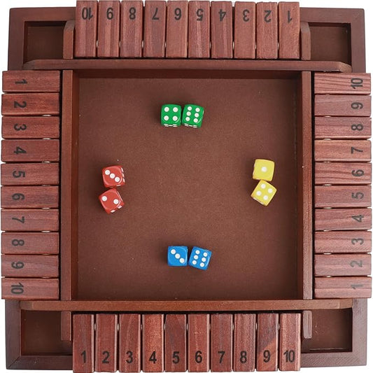 MerryPony Shut The Box Game 4 Player, Wooden Board Game with 10 Numbers, 12 Inch Close The Box Game with 12 Dice, Classic Family Dice Game for Adults, Tabletop Math Game for Pub Classroom Party