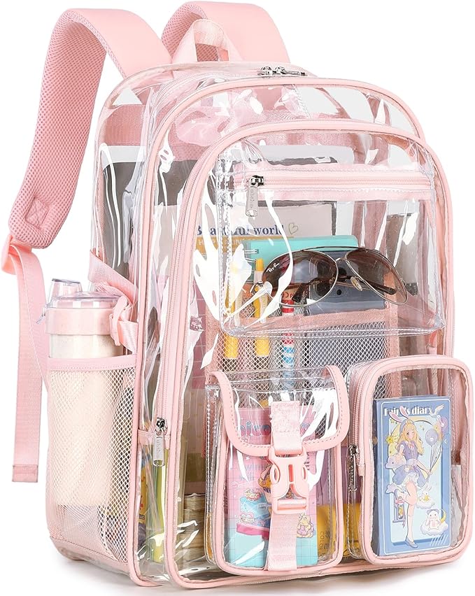 abshoo Large Clear Backpack For Girls Women School Bookbag Heavy Duty Transparent Backpack (Pink)