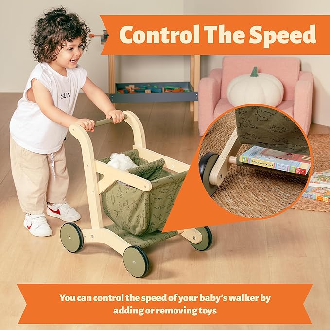 Kids Shopping Cart & Wooden Baby Walker – Baby Doll Stroller for Toddlers 1-3, Push Toy Walker, Montessori Toddler Walking Toy & Baby Shopping Cart – Durable Toddler Walker Push Toy