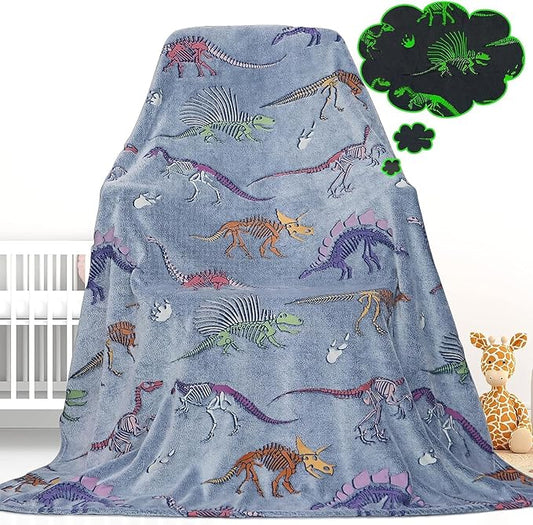 Glow in The Dark Dinosaur Blanket - Soft Warm Plush Kids Cute Dino Throw Blankets for Couch, Luminous 80"x60"